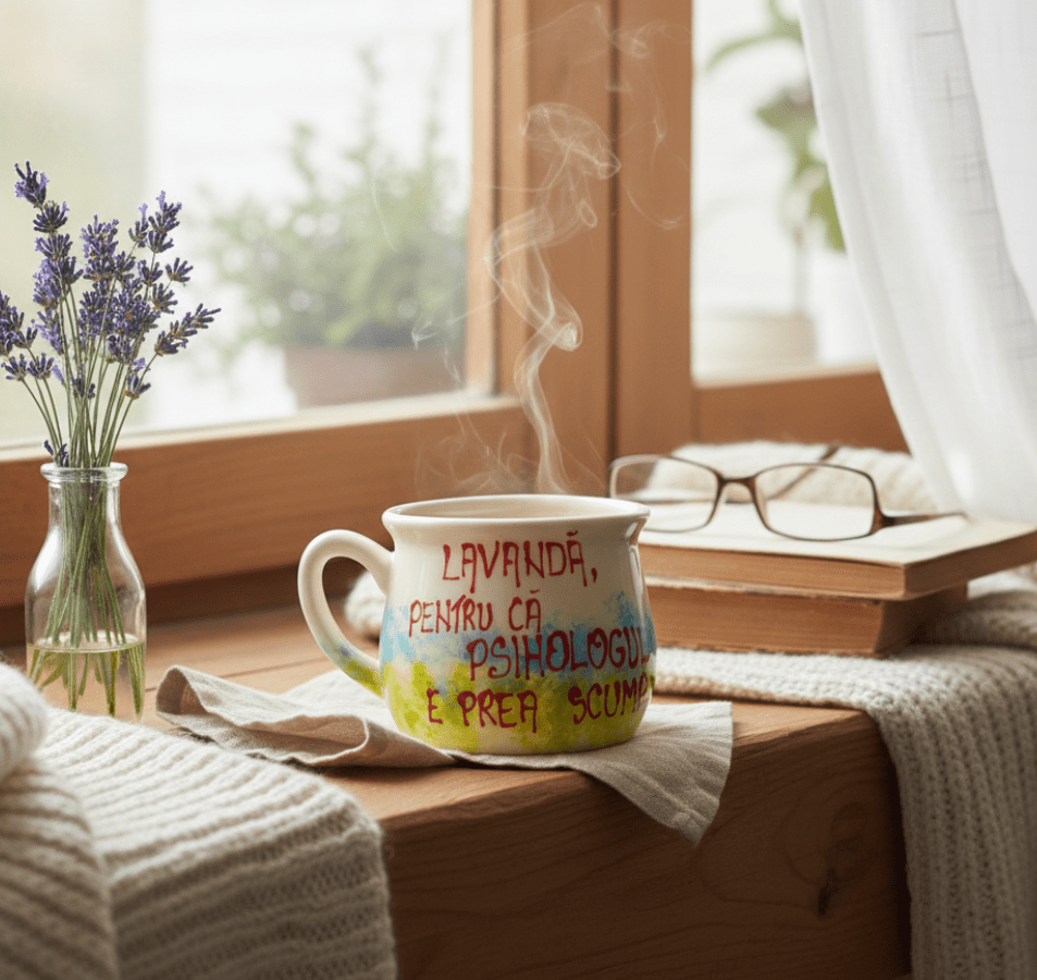 Set Cadou Cana din Portelan "Lavandă, pentru că psihologul e prea scump..." - Fleurane.ro