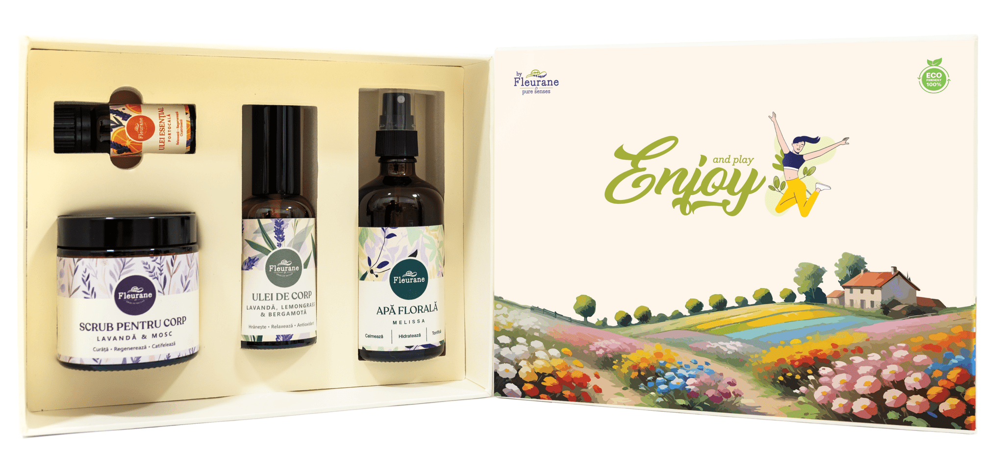 Set Cadou Enjoy - Cosmetice Naturale cu Lavandă, Portocală, Melissa si Lemongrass - Fleurane.ro